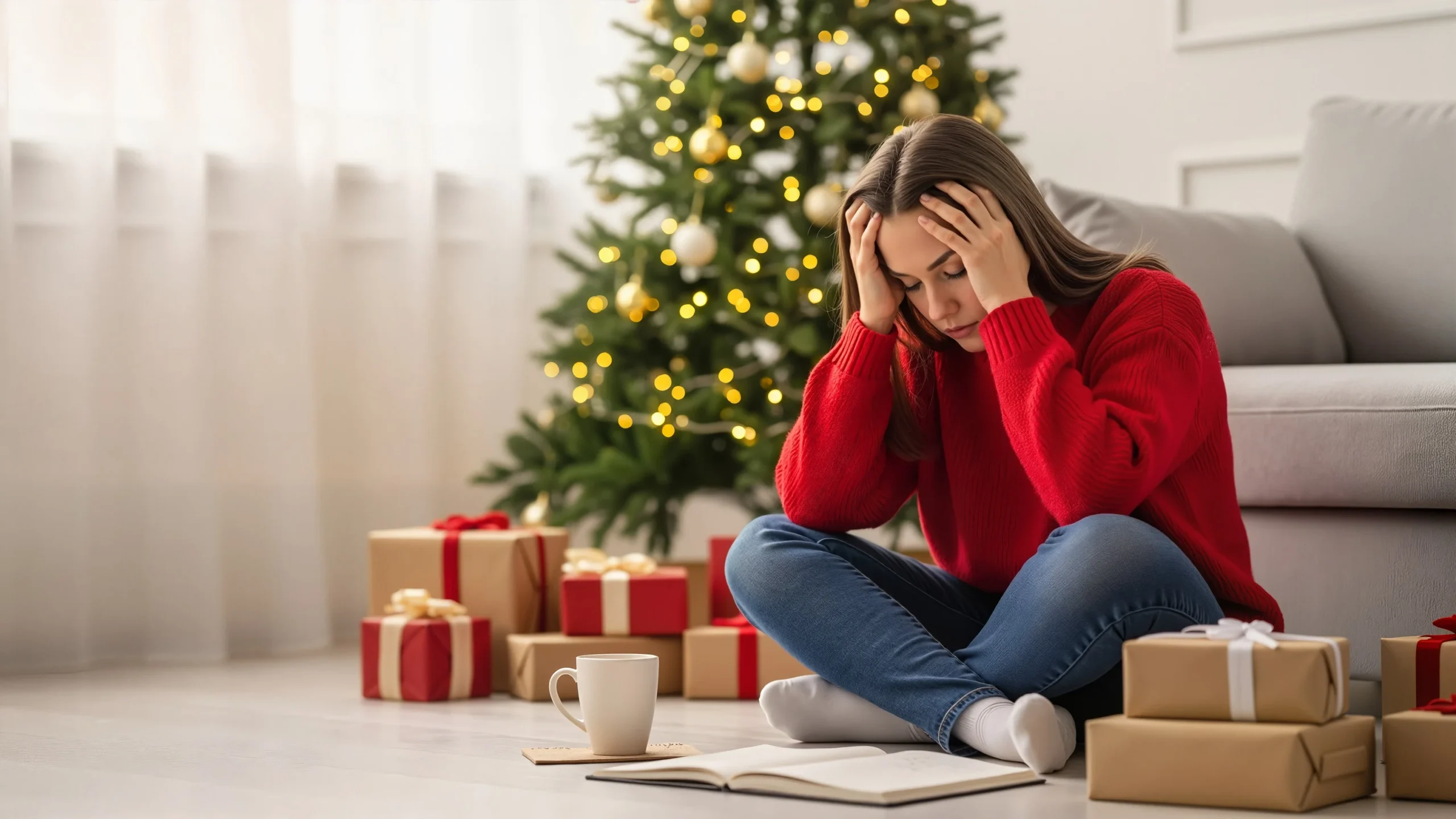 Woman experiencing holiday stress and anxiety while sitting by a Christmas tree, representing emotional overwhelm during the holiday season in Norcross, Peachtree Corners, Alpharetta, Johns Creek, and Roswell, GA.