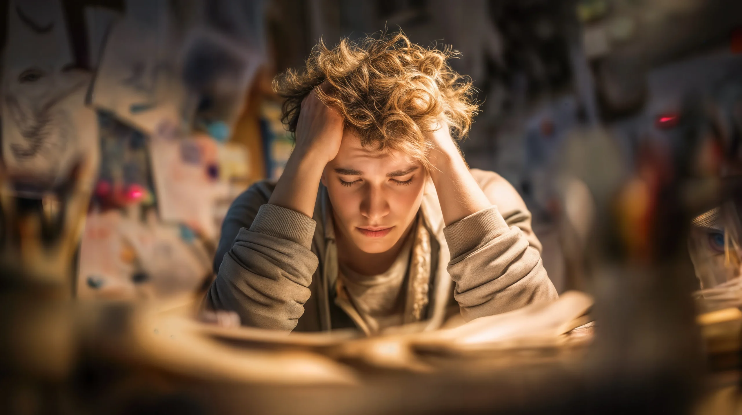 Adult experiencing ADHD-related overwhelm and depression while struggling to focus on tasks