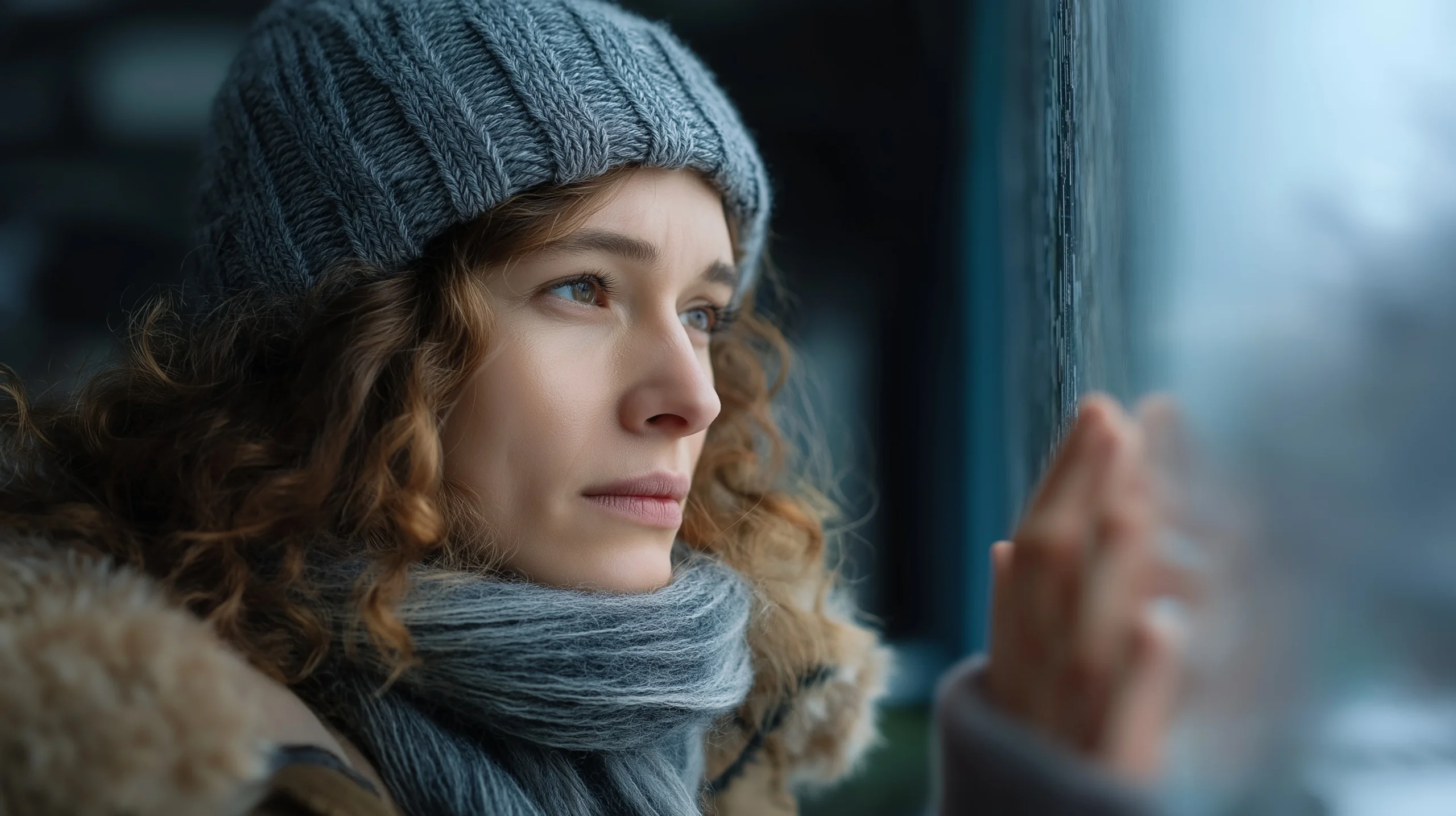 Woman experiencing winter blues and seasonal depression looking out a window on a cold day