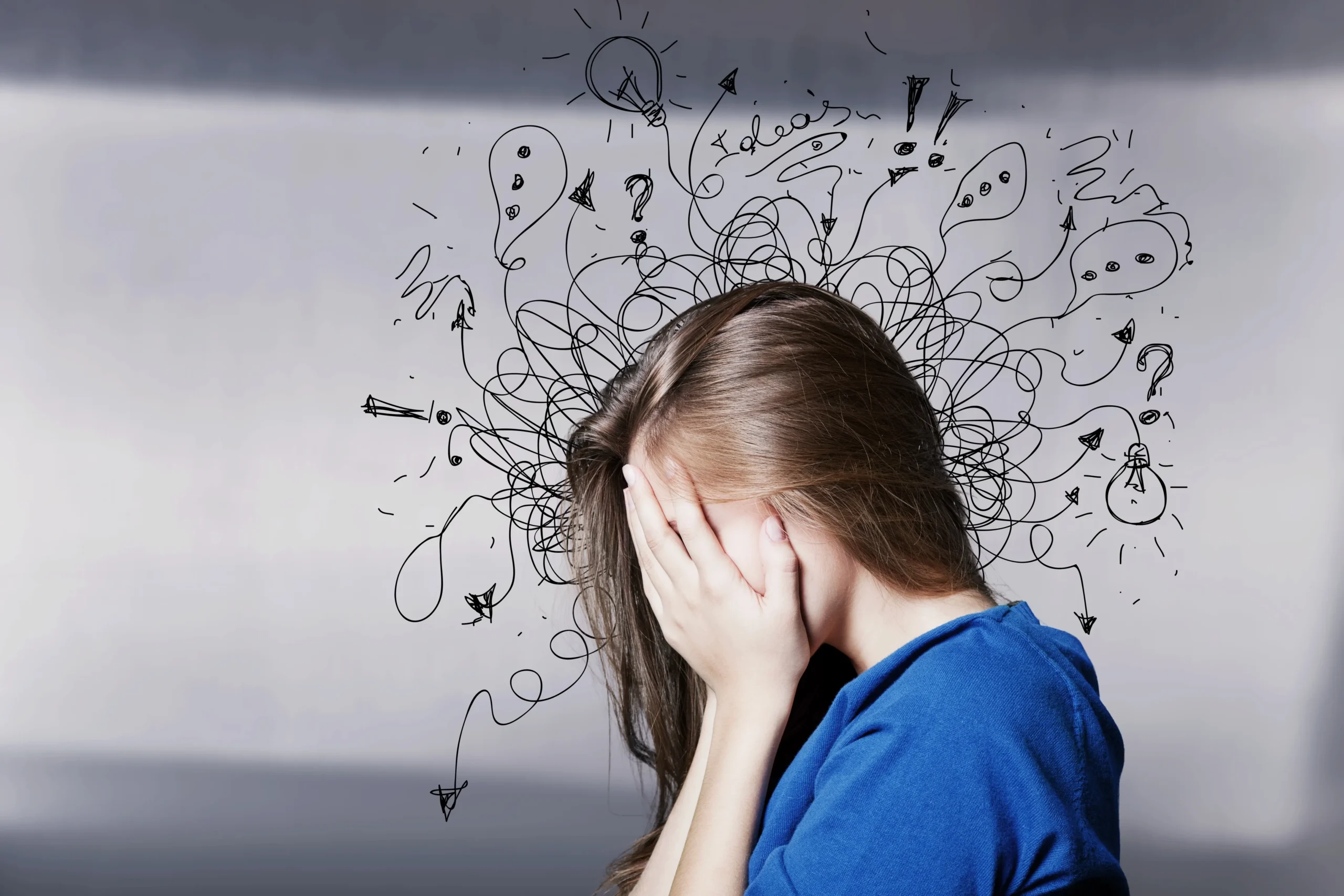 Woman experiencing anxiety and overthinking with chaotic thoughts illustrated around her head