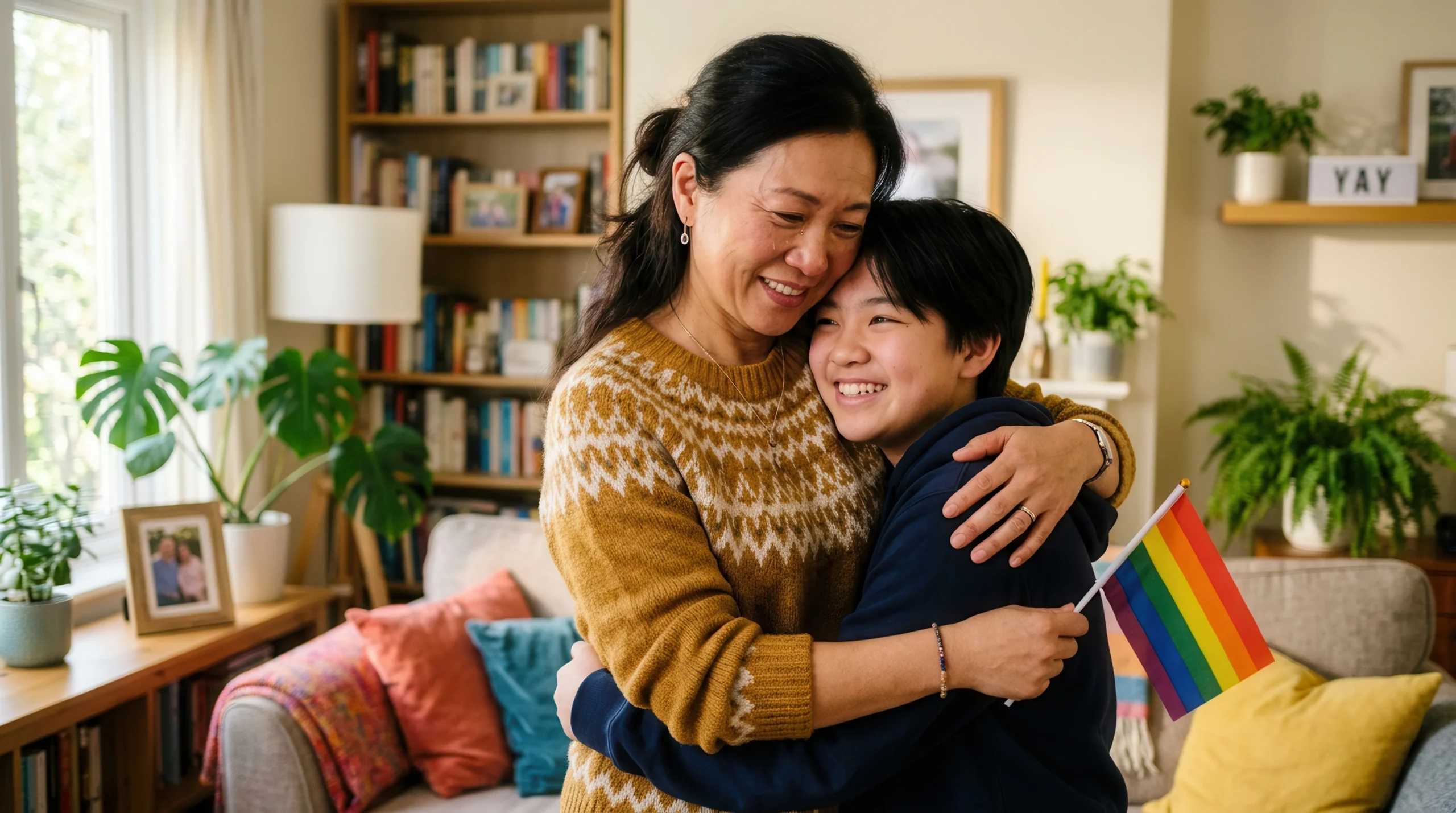 A mother hugging her LGBTQ teenager who is holding a Pride flag, representing parental acceptance and affirming family support for LGBTQ youth mental health at Georgia Behavioral Health in Atlanta.