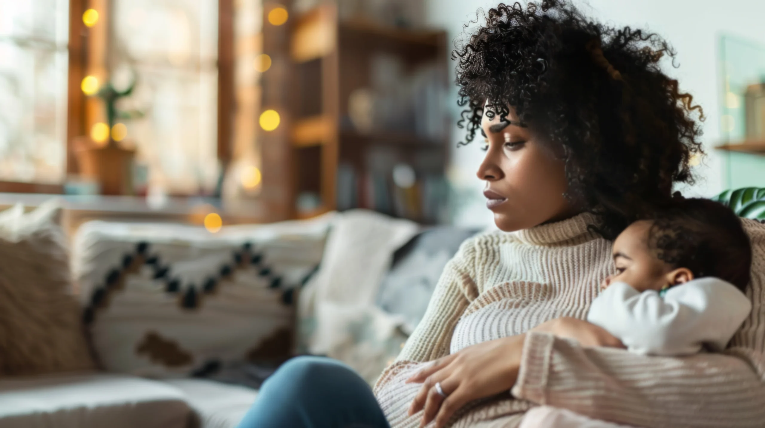New mother sitting on a couch holding her infant, appearing withdrawn and emotionally distant